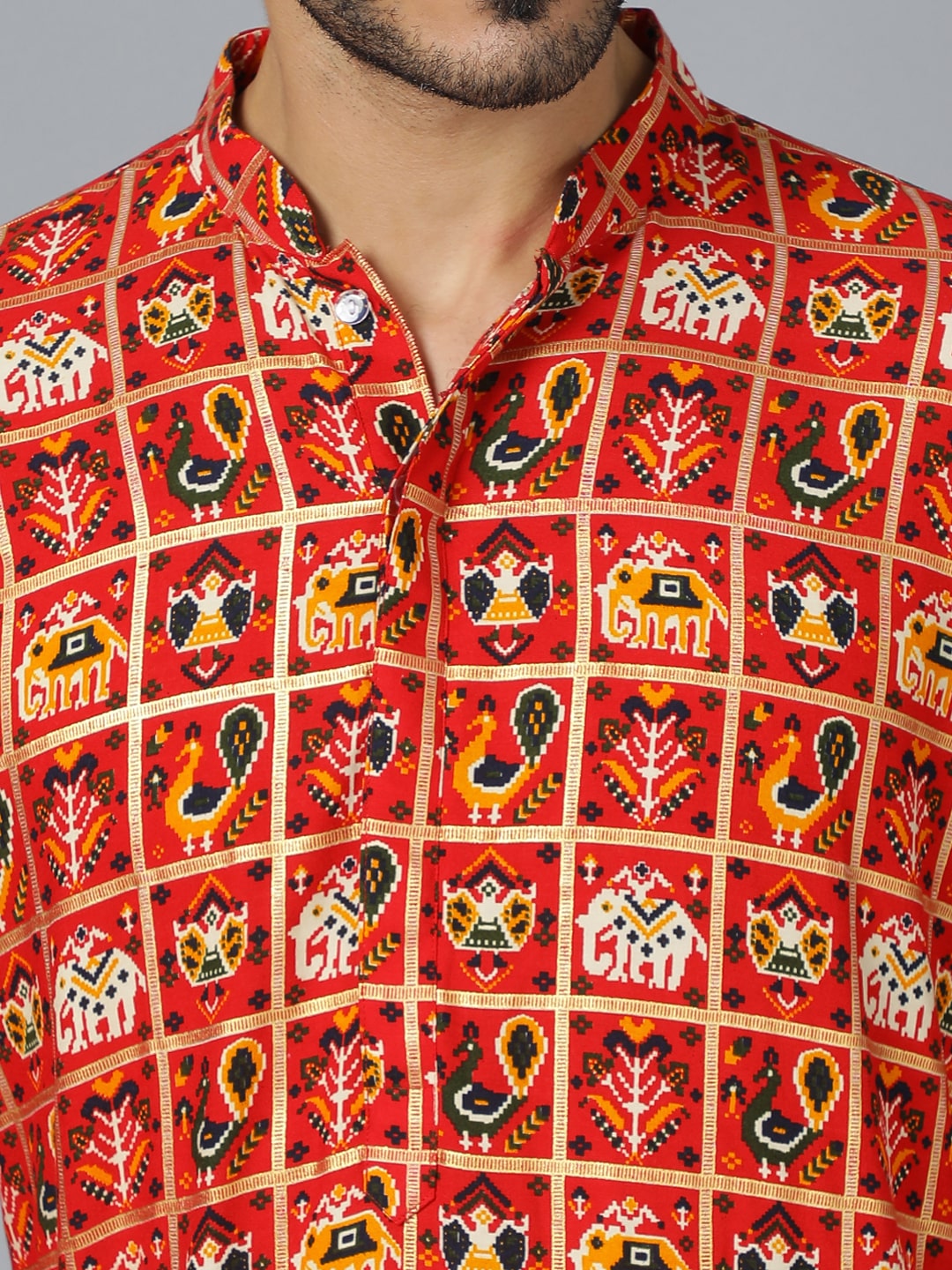 Men's Red Patola Print Ethnic Kurta