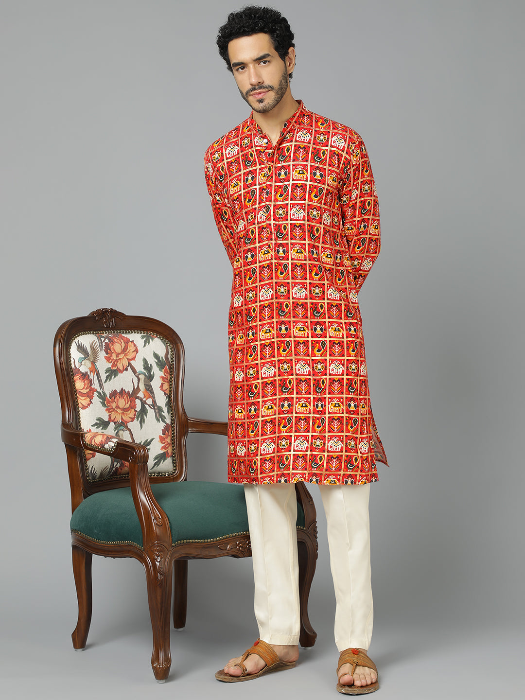 Men's Red Patola Print Ethnic Kurta