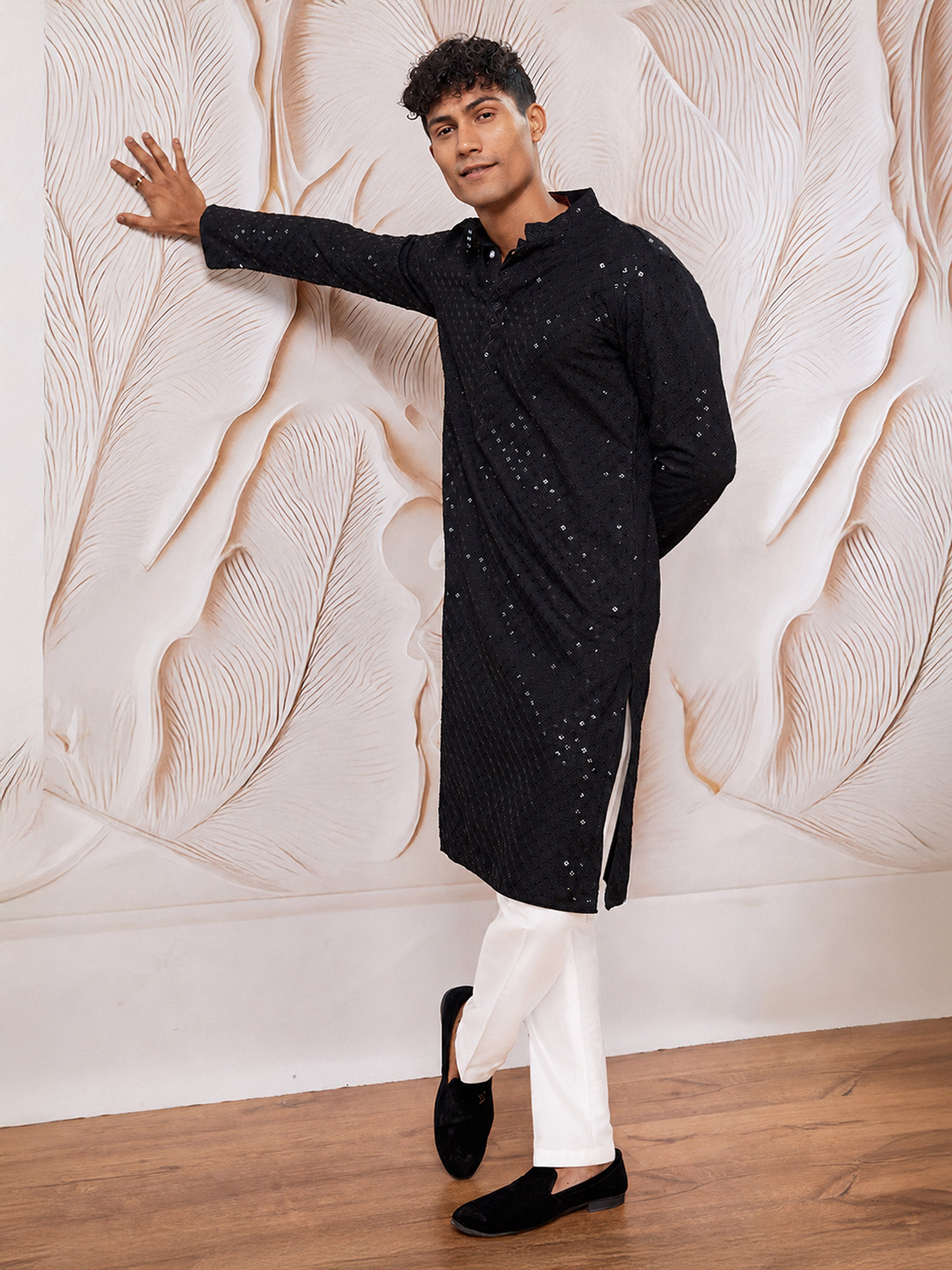 Men Black Cotton-Blend Self Design Kurta Pant Set