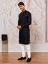 Men's Black Cotton-Blend Geometry Thigh Length Kurta Pant Set with Pyjama
