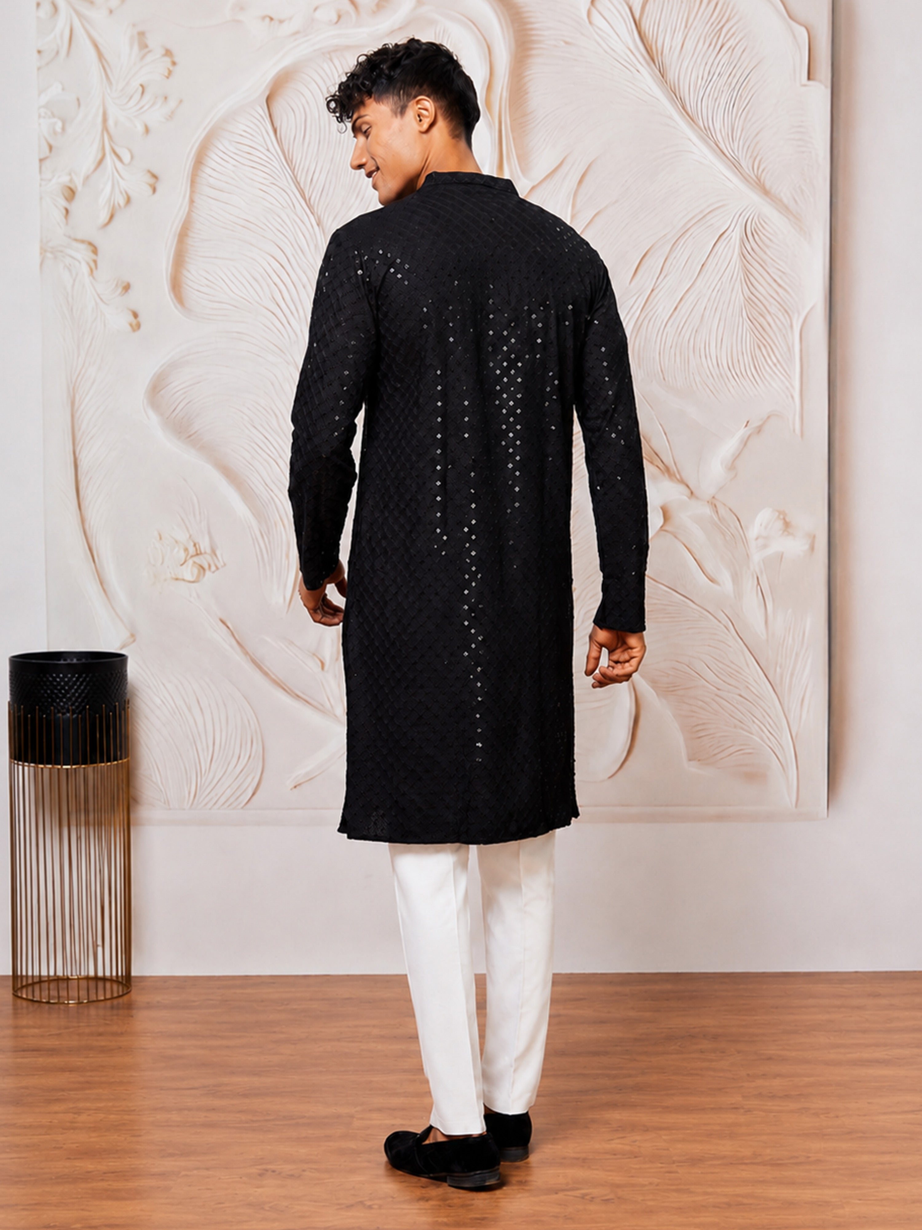 Men's Black Cotton-Blend Geometry Thigh Length Kurta Pant Set with Pyjama