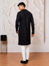 Men's Black Cotton-Blend Geometry Thigh Length Kurta Pant Set with Pyjama