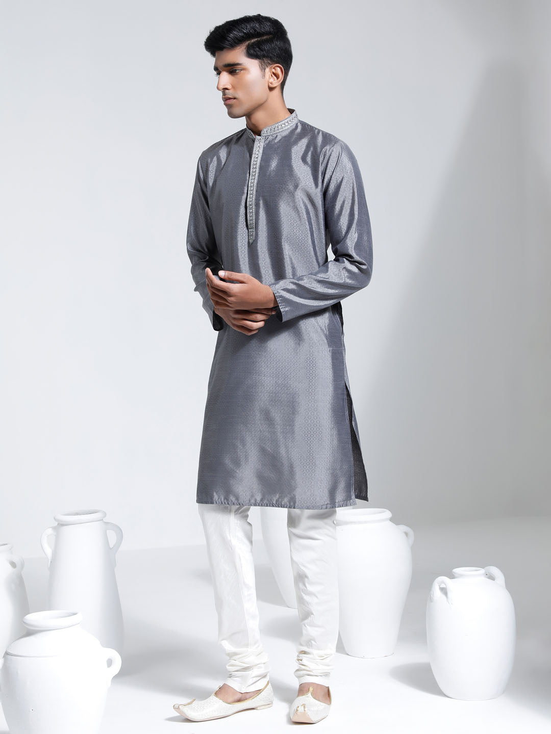 Men's Gray Silk Blend Kurta