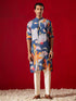 Men Multi Color Base Blue All Over Floral Print Cotton Blend Kurta with Fine Satin Pyjama Set