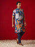 Men Multicolour Digital Floral Print Cotton Blend Kurta with Navy Blue Pant Set