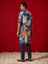 Men Multicolour Digital Floral Print Cotton Blend Kurta with Navy Blue Pant Set
