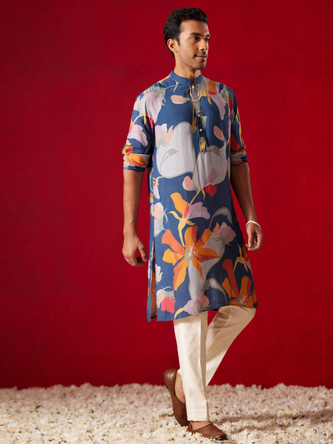 Men's Multi Color Base Blue Cotton Blend Kurta Pyjama Set