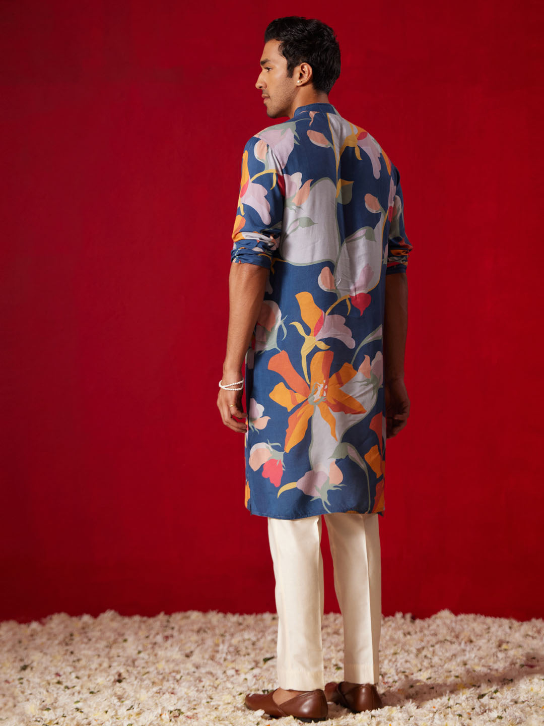 Men's Multi Color Base Blue Cotton Blend Kurta Pyjama Set