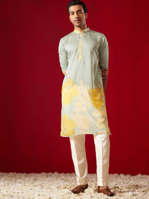 Men's Multi Color Base Yellow Cotton Blend Kurta Pyjama Set