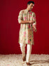 Men Multi Color Base Beige All Over Floral Print Cotton Blend Kurta with Fine Satin Pyjama Set