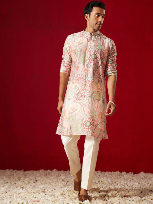 Men's Multi Color Base Cream Cotton Blend Kurta Pyjama Set