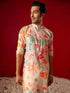 Men Multi Color Base Pink All Over Floral Print Cotton Blend Kurta with Fine Satin Pyjama Set