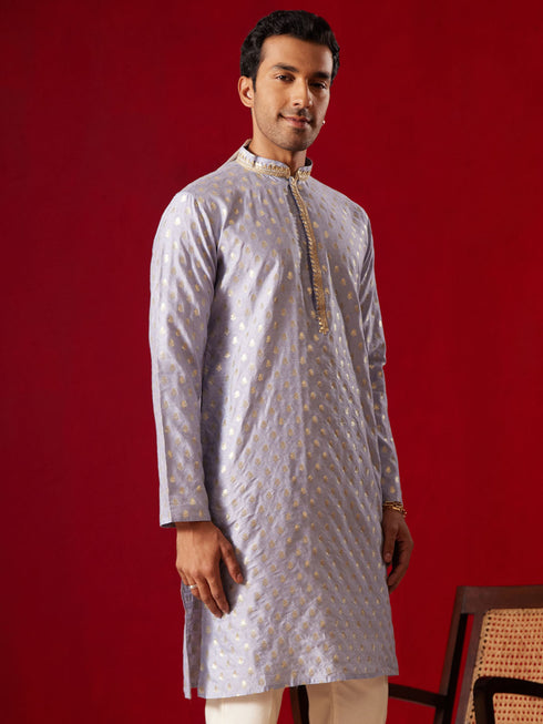 Men's Aqua Blue Silk Blend Jacquard Kurta