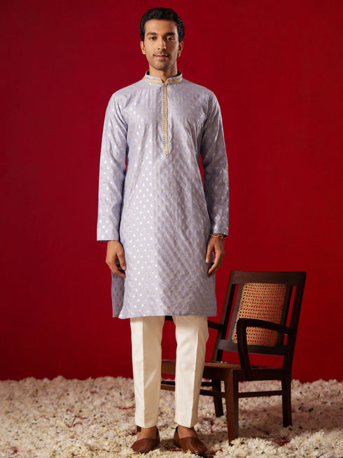 Me's Aqua Blue Silk Blend Jacquard Kurta With Pant Set