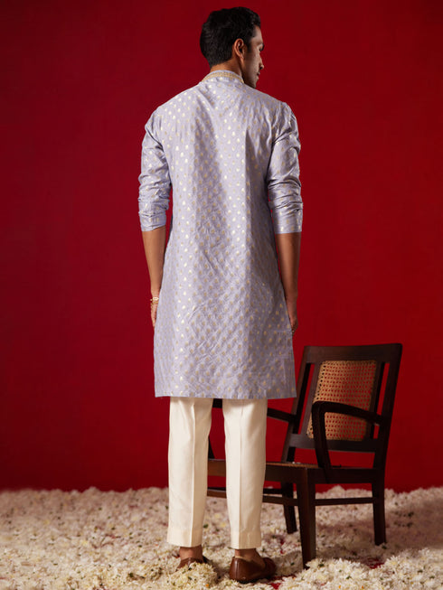 Me's Aqua Blue Silk Blend Jacquard Kurta With Pant Set
