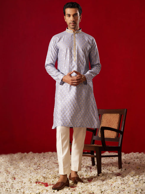 Me's Aqua Blue Silk Blend Jacquard Kurta With Pant Set