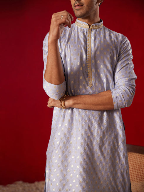 Me's Aqua Blue Silk Blend Jacquard Kurta With Pant Set
