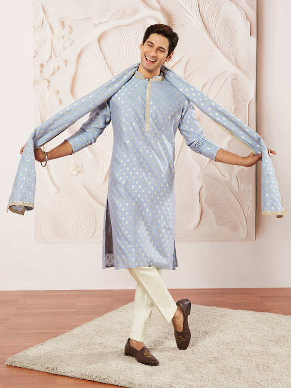 Men's Aqua Silk Blend Kurta Pyjama And Dupatta Set