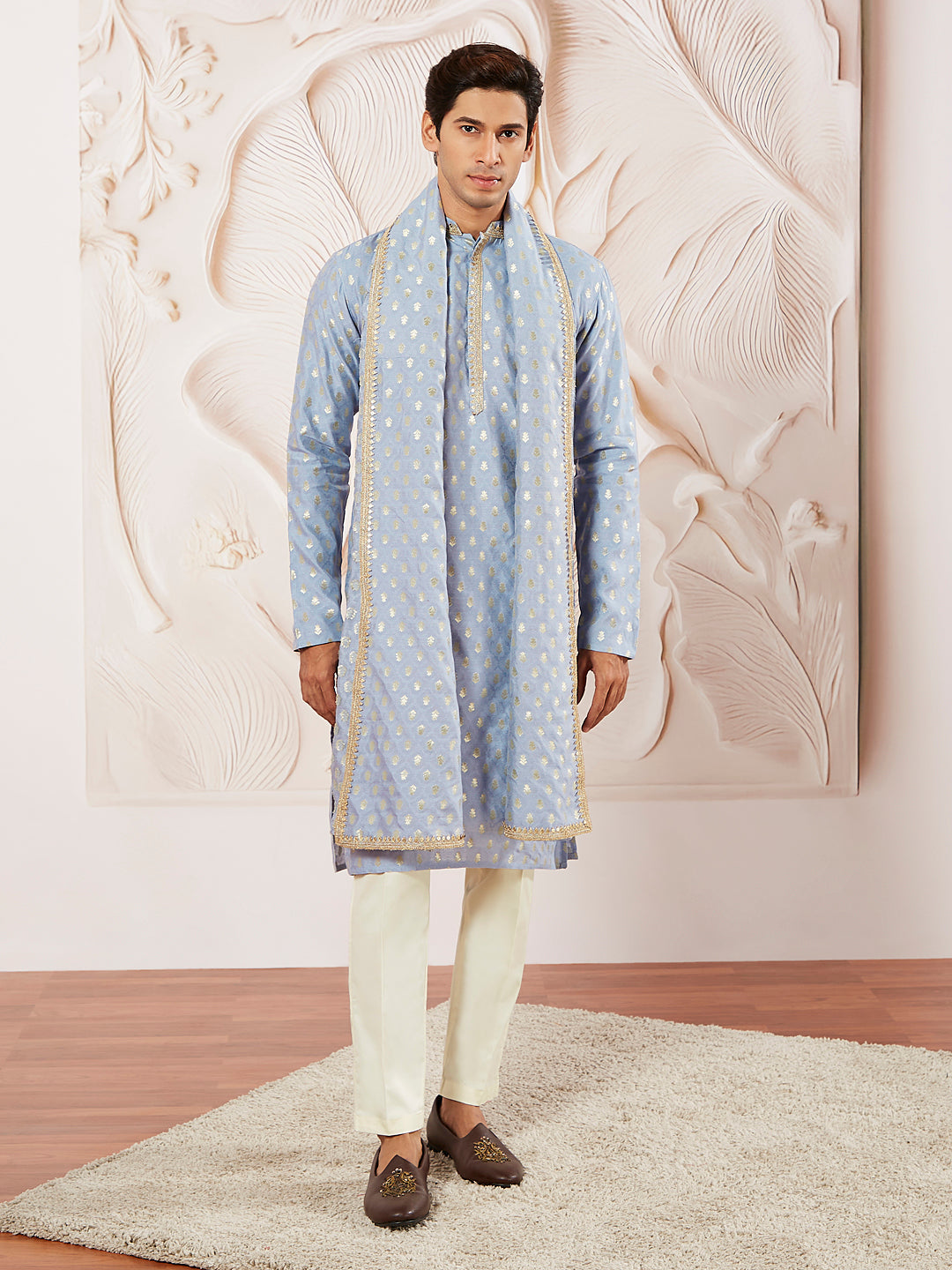 Men's Aqua Silk Blend Kurta Pyjama And Dupatta Set