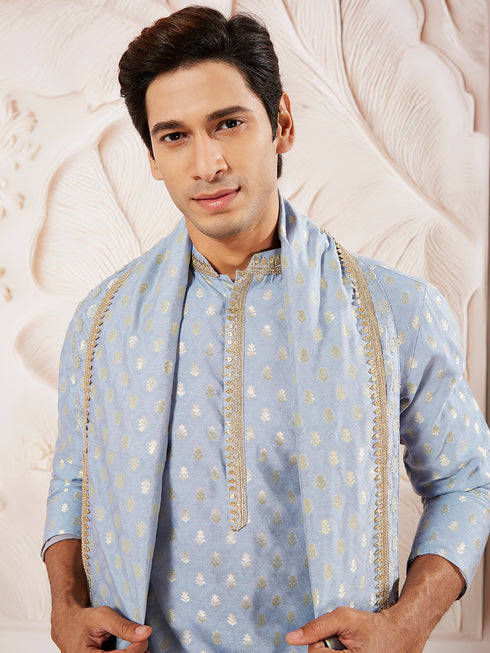 Men's Aqua Silk Blend Kurta Pyjama And Dupatta Set