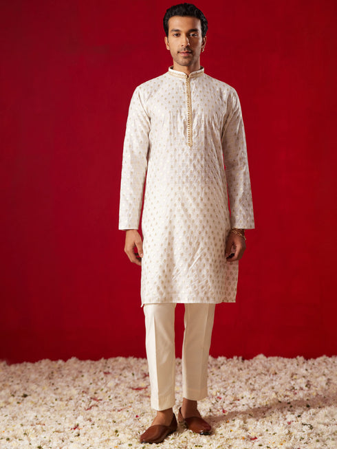 Me's Cream Silk Blend Jacquard Kurta With Pant Set