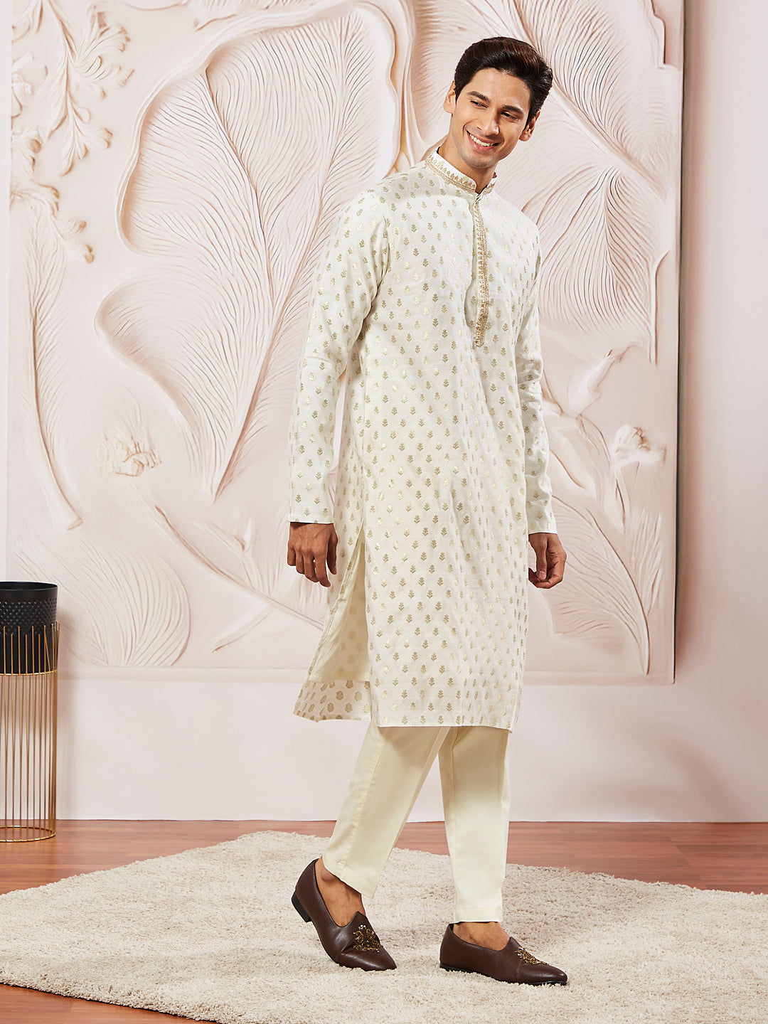Men's Cream Silk Blend Kurta Pyjama Set