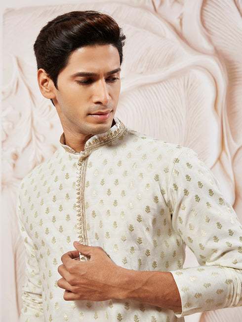 Men's Cream Silk Blend Kurta Pyjama With Dupatta Set