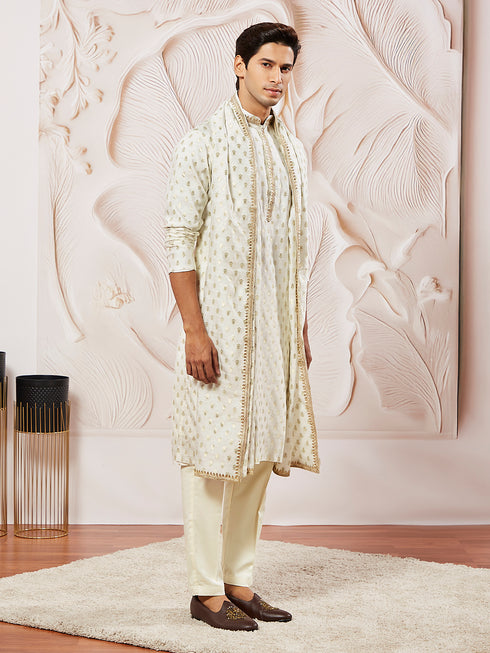 Men's Cream Silk Blend Kurta Pyjama With Dupatta Set