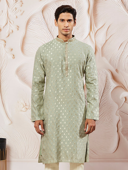 Men's Green Silk Blend Jacquard Kurta