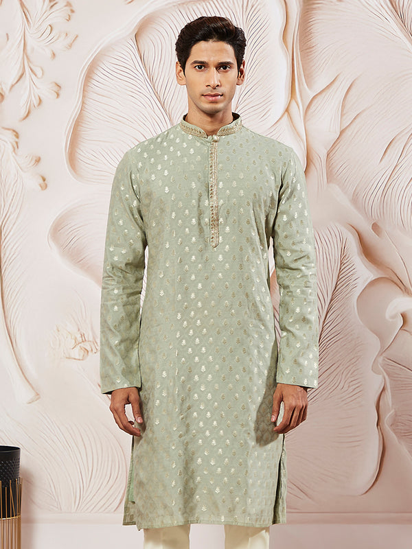 Men's Green Silk Blend Jacquard Kurta