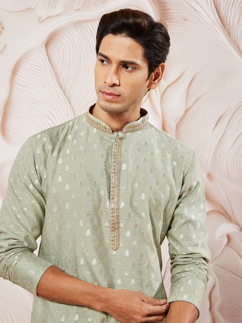 Men's Green Silk Blend Jacquard Kurta