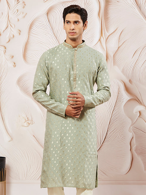 Men's Green Silk Blend Jacquard Kurta