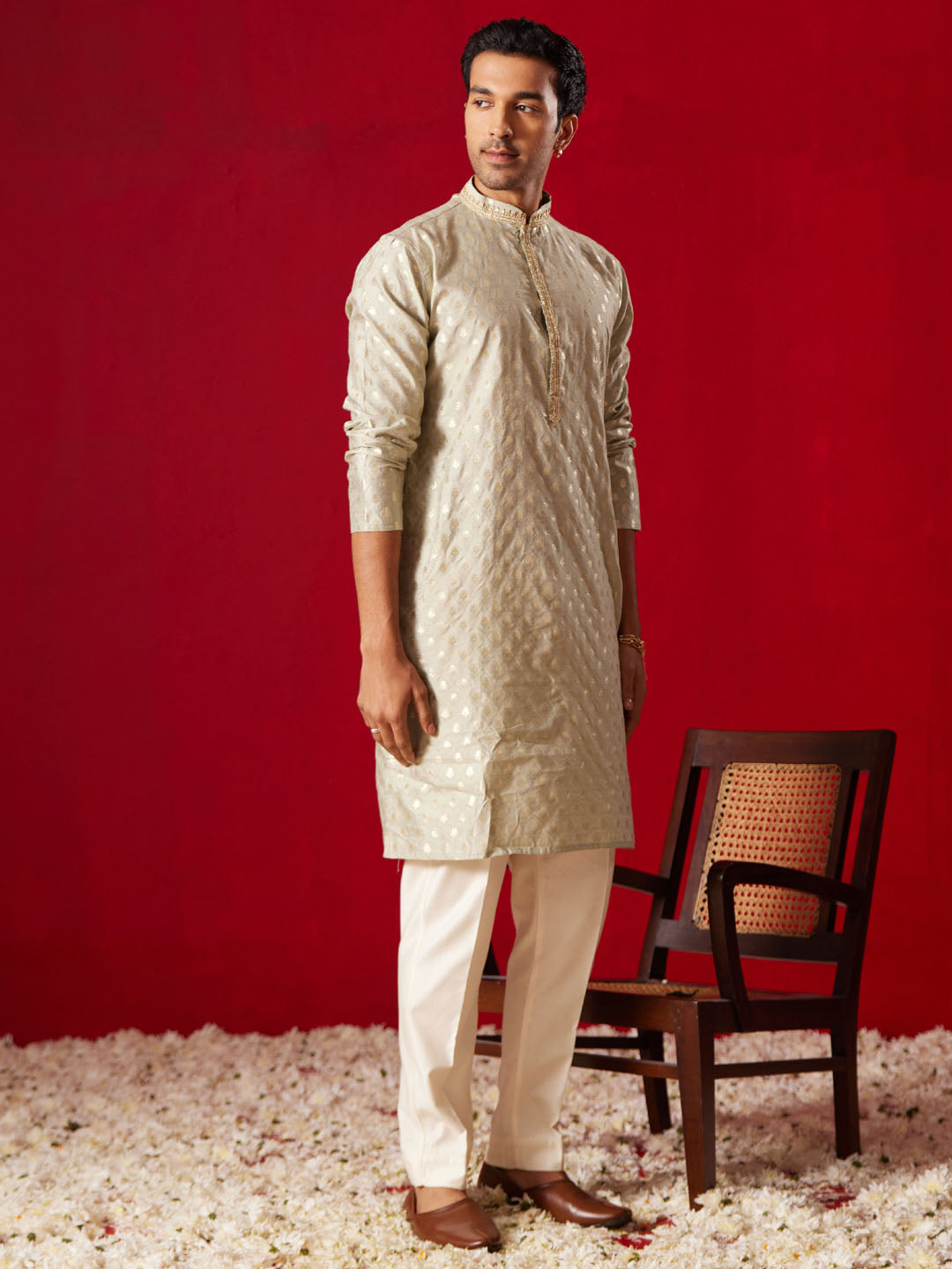 Men's Green Silk Blend Jacquard Kurta With Pant Set