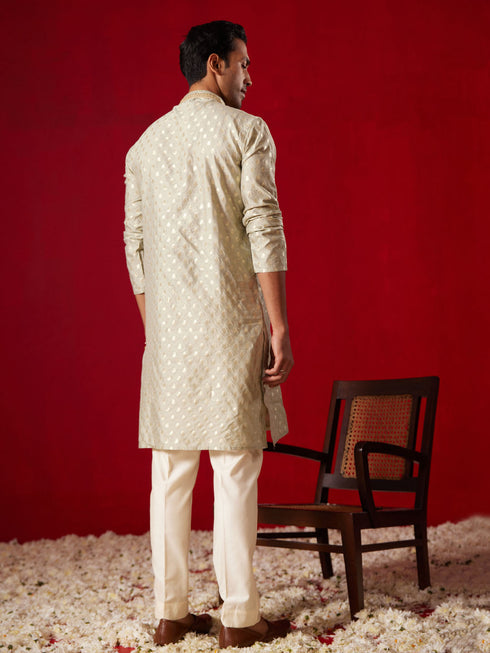 Me's Green Silk Blend Jacquard Kurta With Pant Set