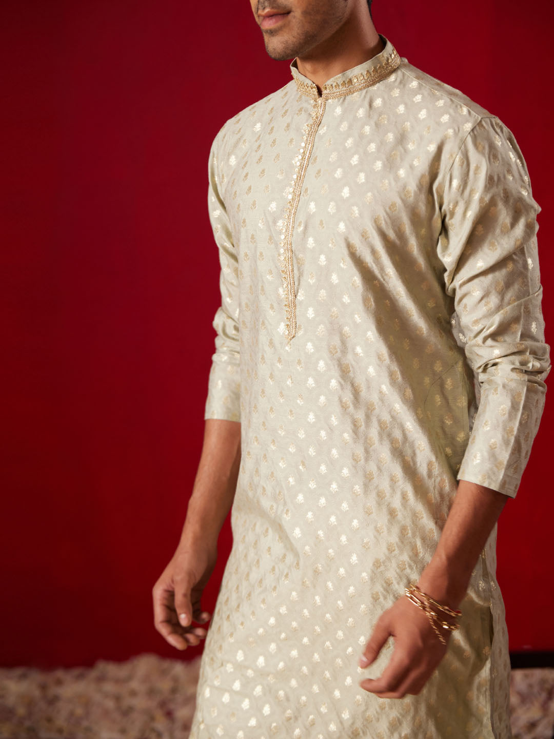 Men's Green Silk Blend Jacquard Kurta With Pant Set