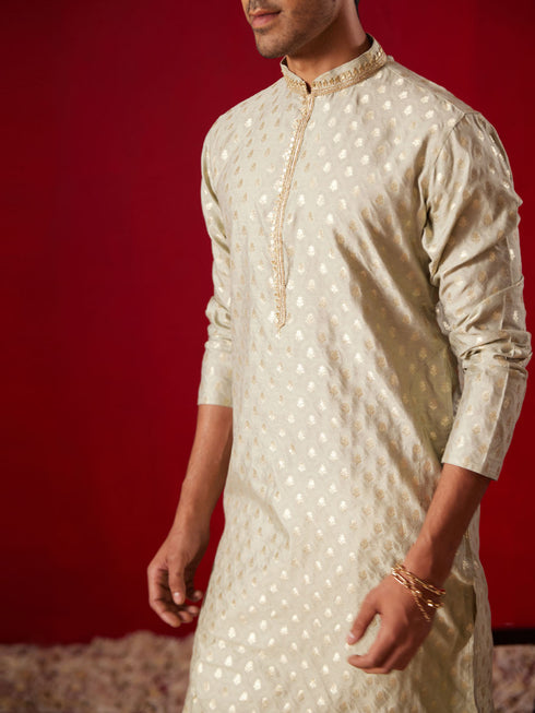 Me's Green Silk Blend Jacquard Kurta With Pant Set