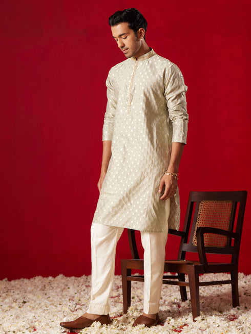 Me's Green Silk Blend Jacquard Kurta With Pant Set