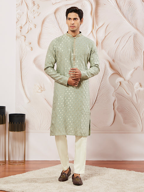 Men's Green Silk Blend Kurta Pyjama Set
