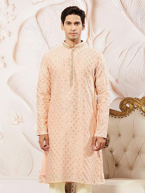 Men's Peach Silk Blend Jacquard Kurta