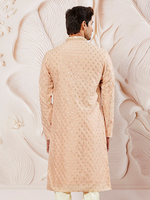 Men's Peach Silk Blend Jacquard Kurta