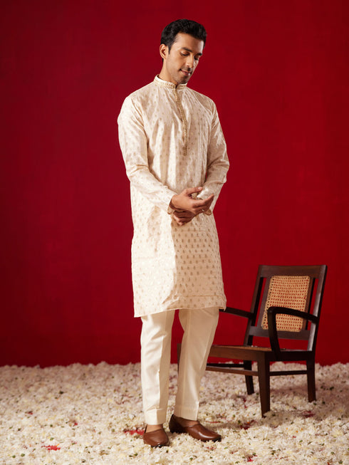Men's Peach Silk Blend Jacquard Kurta With Pant Set