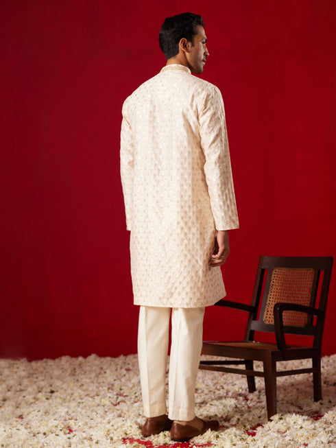 Men's Peach Silk Blend Jacquard Kurta With Pant Set