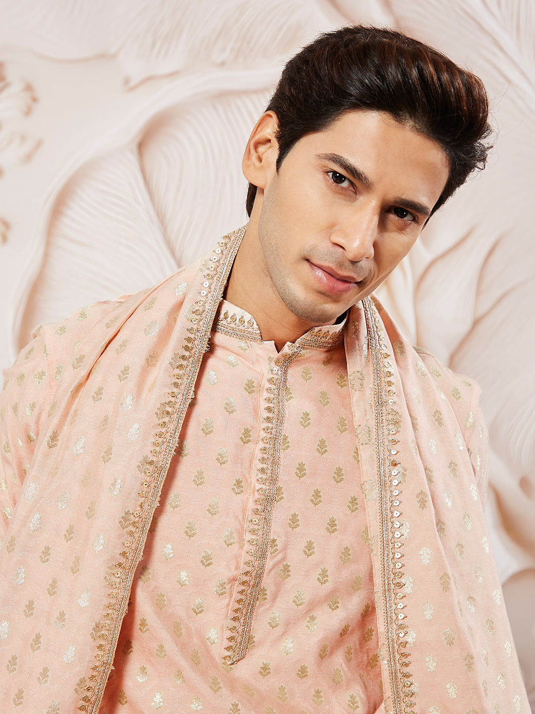Men's Peach Silk Blend Kurta Pyjama Set