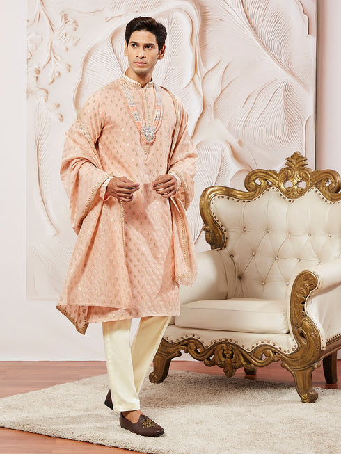 Men's Peach Silk Blend Kurta Pyjama Set