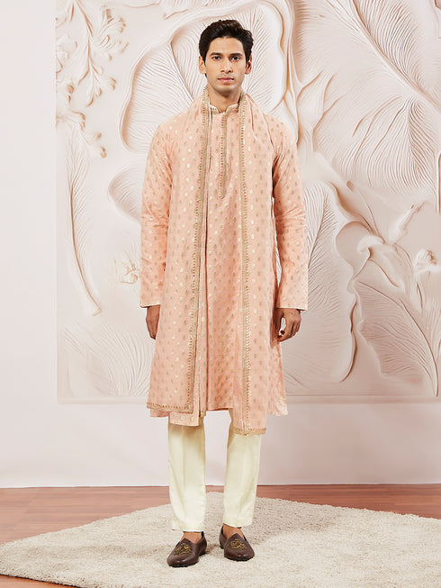 Men's Peach Silk Blend Kurta Pyjama Set