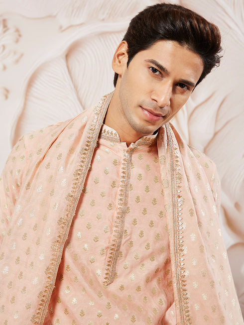 Men's Peach Silk Blend Kurta Pyjama Set
