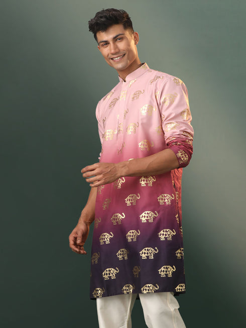 Men's Ombre Elephant Motif Print Cotton Blend Kurta