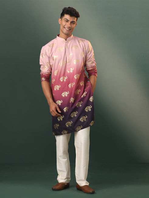 Men's Ombre Elephant Motif Print Cotton Blend Kurta