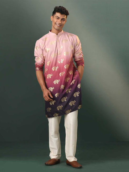 Men's Ombre Elephant Motif Print Cotton Blend Kurta Pyjama Set