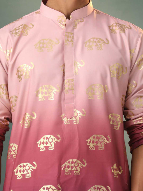 Men's Ombre Elephant Motif Print Cotton Blend Kurta Pyjama Set